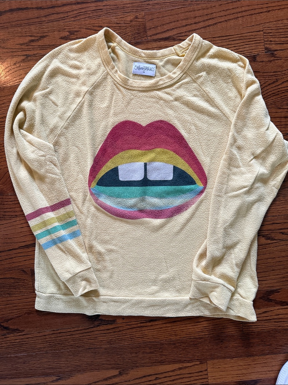 Lauren Moshi Pale Yellow Pullover with Multicolor Lip Graphic